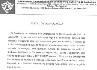 EDITAL DE CONVOCAÇÃO: Sindicato dos Empregados no Comércio de Balsas/MA