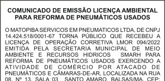 COMUNICADO DE EMISSÃO LICENÇA AMBIENTAL PARA REFORMA DE PNEUMÁTICOS USADOS