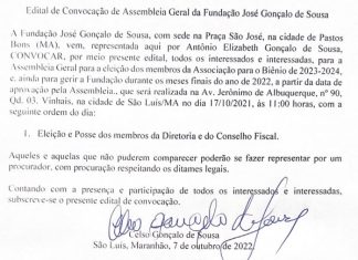 Edital de Convocação de Assembleia Geral da Fundação José Gonçalo de Sousa
