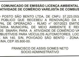 COMUNICADO DE EMISSÃO LICENÇA AMBIENTAL PARA ATIVIDADE DE COMÉRCIO VAREJISTA DE COMBUSTÍVEIS