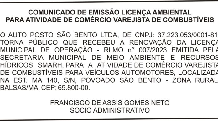 COMUNICADO DE EMISSÃO LICENÇA AMBIENTAL PARA ATIVIDADE DE COMÉRCIO VAREJISTA DE COMBUSTÍVEIS