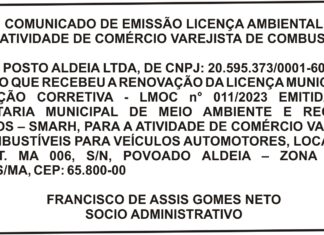COMUNICADO DE EMISSÃO LICENÇA AMBIENTAL PARA ATIVIDADE DE COMÉRCIO VAREJISTA DE COMBUSTÍVEIS