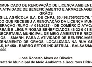 COMUNICADO DE RENOVAÇÃO DE LICENÇA AMBIENTAL PARA ATIVIDADE DE BENEFICIAMENTO E ARMAZENAGEM DE GRÃOS