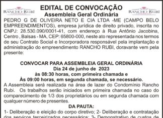 Edital de Convocação Assembleia Geral Ordinária RANCHO RUBI CONDOMÍNIO