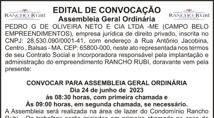 Edital de Convocação Assembleia Geral Ordinária RANCHO RUBI CONDOMÍNIO