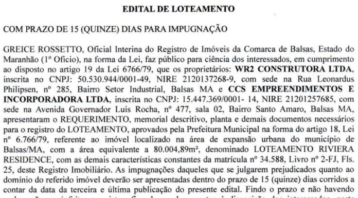 EDITAL DE LOTEAMENTO