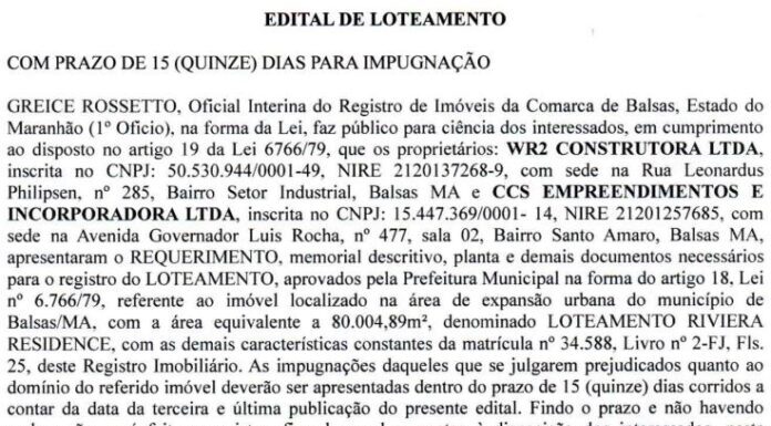 EDITAL DE LOTEAMENTO