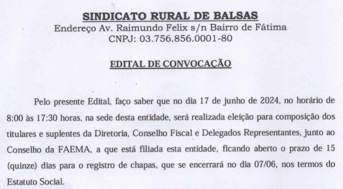 SINDICATO RURAL DE BALSAS – EDITAL DE CONVOCAÇÃO