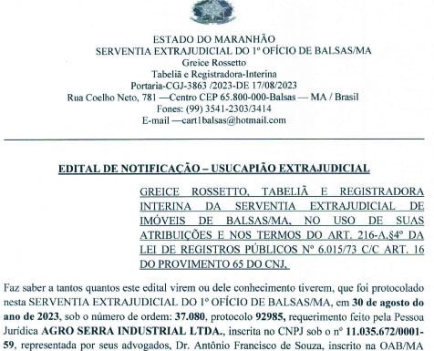 EDITAL DE NOTIFICAÇÃO – USUCAPIÃO EXTRAJUDICIAL