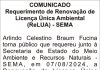 COMUNICADO: Requerimento de Renovação de Licença Única Ambiental (ReLUA) – SEMA