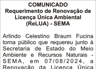 COMUNICADO: Requerimento de Renovação de Licença Única Ambiental (ReLUA) – SEMA